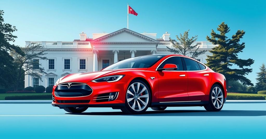 Un Tesla rossa fiammante appoggiata contro un sfondo della Casa Bianca sotto un cielo blu.