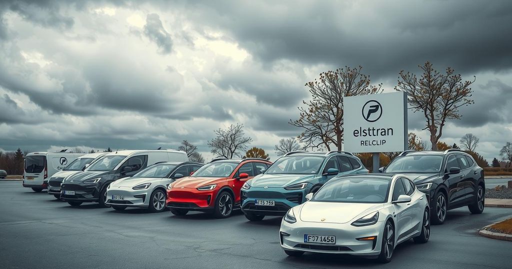 Moderna auto elettriche in esposizione sotto il cielo nuvoloso, simbolo di innovazione e svantaggi politici in un mercato competitivo.