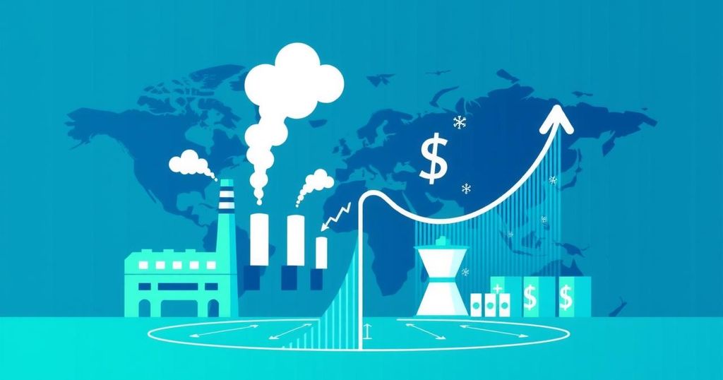 An abstract representation of tariffs, featuring symbolic factories, currencies, and arrows indicating trade flow.