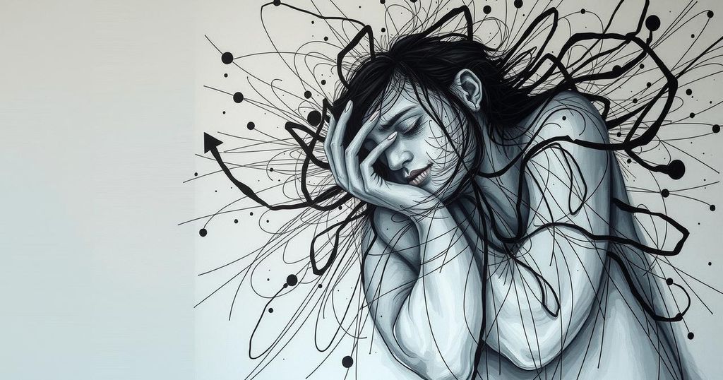 An abstract representation of the emotional exhaustion from political news, featuring dull colours and chaotic patterns.