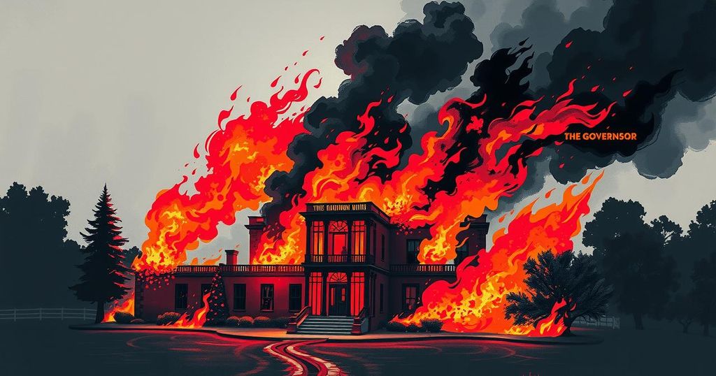 Un fuoco ardente al governatorato in Pennsylvania con fumo nero contro un cielo grigio.