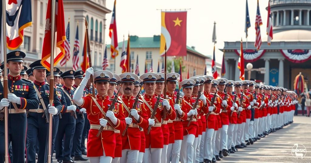 Soldiers in formation during a military event, vibrant colors and orderly military decor set an impactful scene.