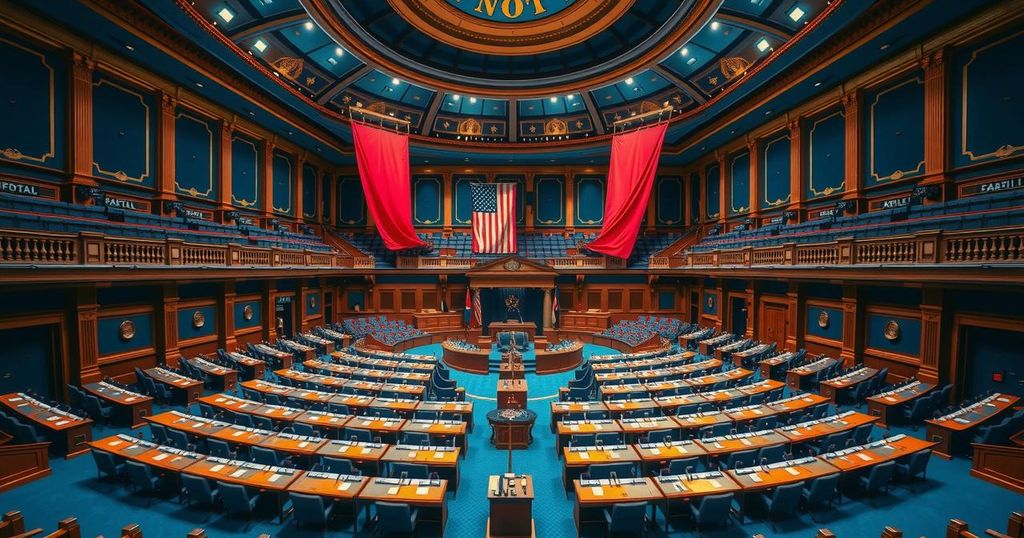 Senate chamber with voting setup, highlighting political tensions and legislative action in a colourful, modern style.
