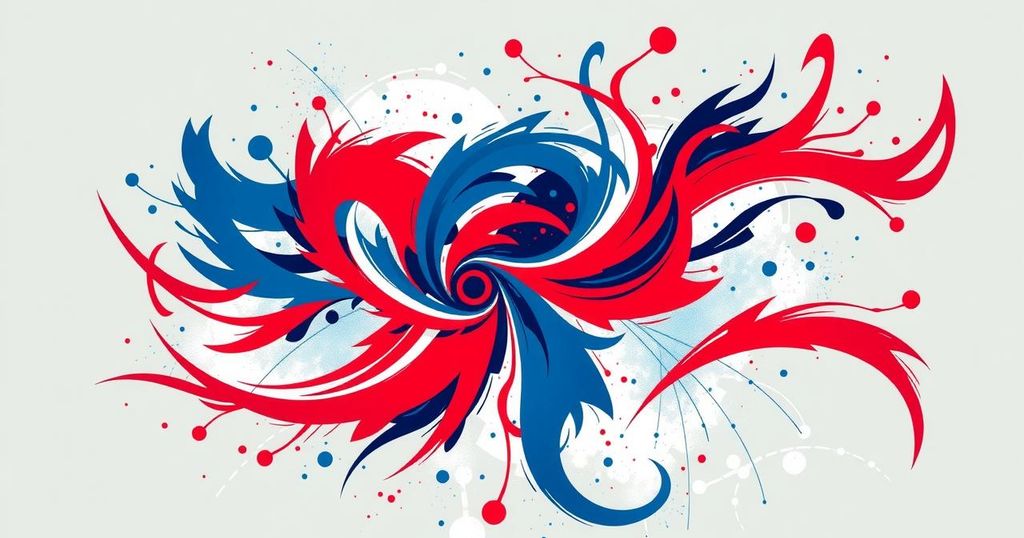 An abstract representation of U.S. politics with a dynamic interplay of vibrant blues, reds and whites.