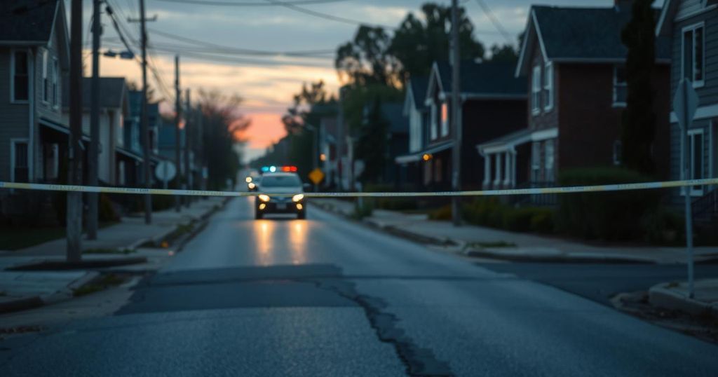 A symbolic scene depicting the aftermath of targeted violence, showing a silent residential street with police tape and a blurred silhouette of a police vehicle.