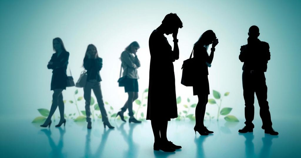 A poignant farewell scene depicting a virtual event with silhouettes of people, emotional gestures, and symbolic greenery.