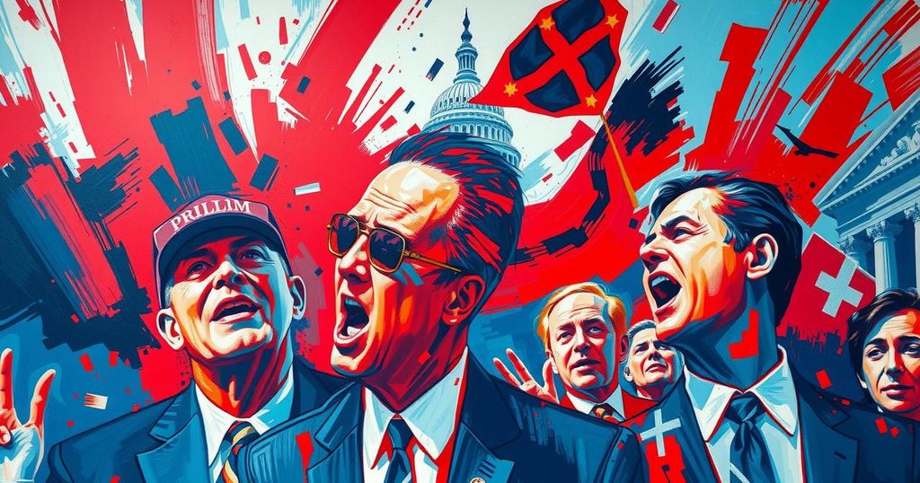 A dynamic illustration capturing the chaotic atmosphere of a political upheaval in Washington, D.C.