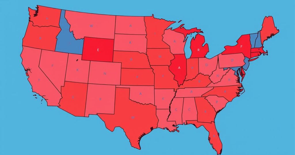Una mappa degli Stati Uniti con contea colorate in rosso e blu che mostrano il cambiamento politico.