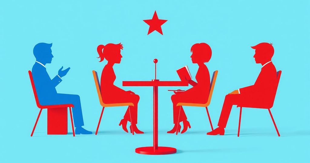 Rappresentazione astratta di strategia politica, simboli della democrazia, colori blu e rosso in armonia.
