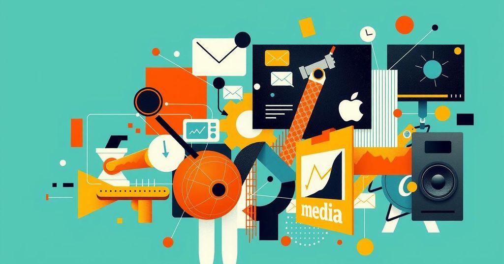 A digital collage illustrating media evolution, featuring vibrant colours and abstract shapes, symbolising information abundance.