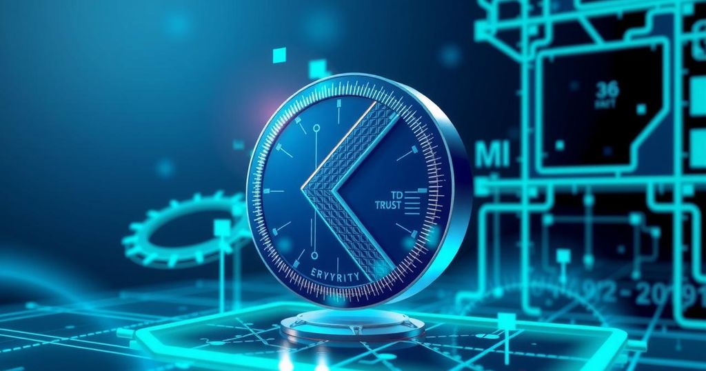 Un simbolo di criptovaluta con uno sfondo digitale che rappresenta la sicurezza delle informazioni.