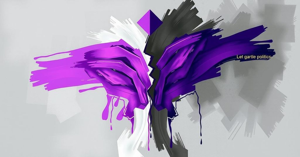 Opera d'arte simbolica sulla politica, rappresentata da colori grigi e viola, esprimendo conflitti e ambivalenze.