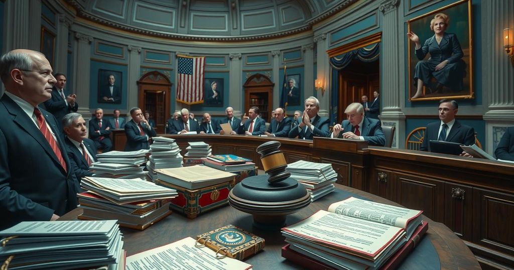 A dynamic legislative scene depicting a Senate debate with diverse stacks of papers and a gavel in a formal chamber setting.