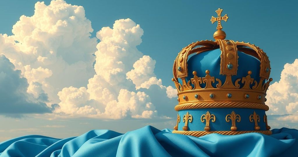 Un paesaggio politico con un cielo sereno, simboli di potere e una corona, colore blu e oro.