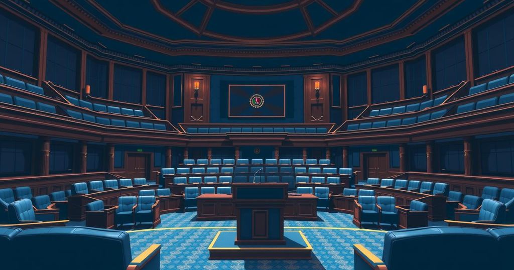 Debate scene featuring a large legislative chamber with empty seats and a podium, representing political discussions.