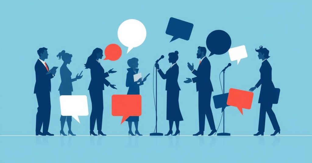 Rappresentazione di controversia politica con simboli di dialogo e differenze, in uno stile artistico minimalista con tonalità blu.