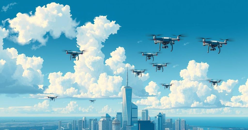 Droni in volo nel cielo blu su paesaggio urbano, con nuvole bianche e un'atmosfera di incertezza. Colori vivaci.