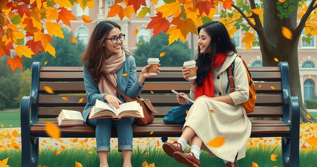 Due studenti universitari conversano su un campus, circondati da foglie autunnali colorate, simbolo di diversità politica.