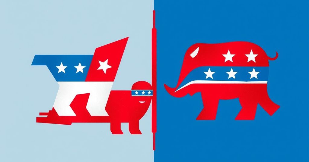 An abstract representation of political branding, featuring contrasting blue and red colour schemes with symbolic elements.