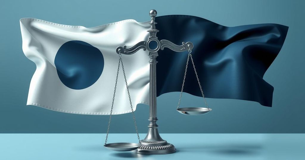 Conceptual representation of trade tension with abstract flags, scales of balance, and economic symbols against a moody backdrop.