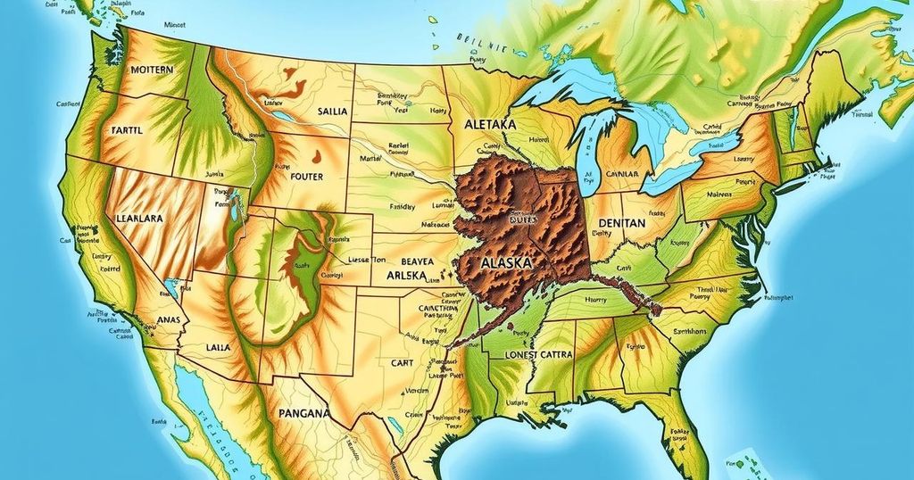 Mappa dell'Alaska superimposta sugli Stati Uniti, simbolo della cultura politica mista di Lisa Murkowski.