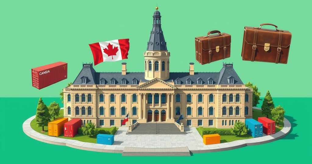 Scene depicting Canadian Parliament with flags and trade symbols, embodying political change and leadership.