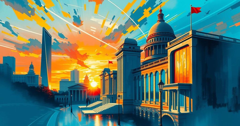 Symbolic representation of political change with abstract buildings and iconic landmarks under a vibrant blue and orange sky.