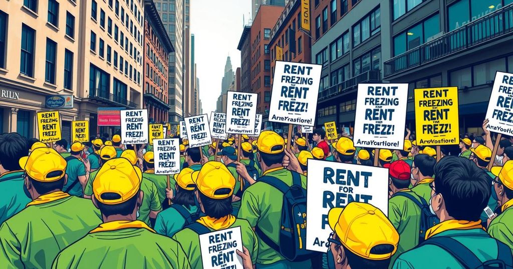 Manifestazione vivace a Manhattan con bandane gialle e cartelli per il congelamento degli affitti.