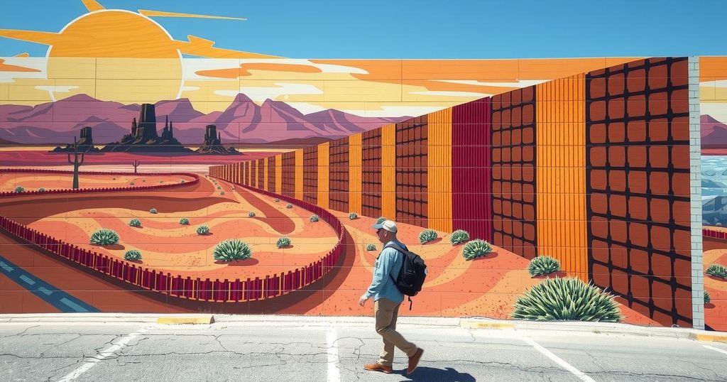 Murales colorato che rappresenta la sicurezza al confine con un muro e un paesaggio deserto.