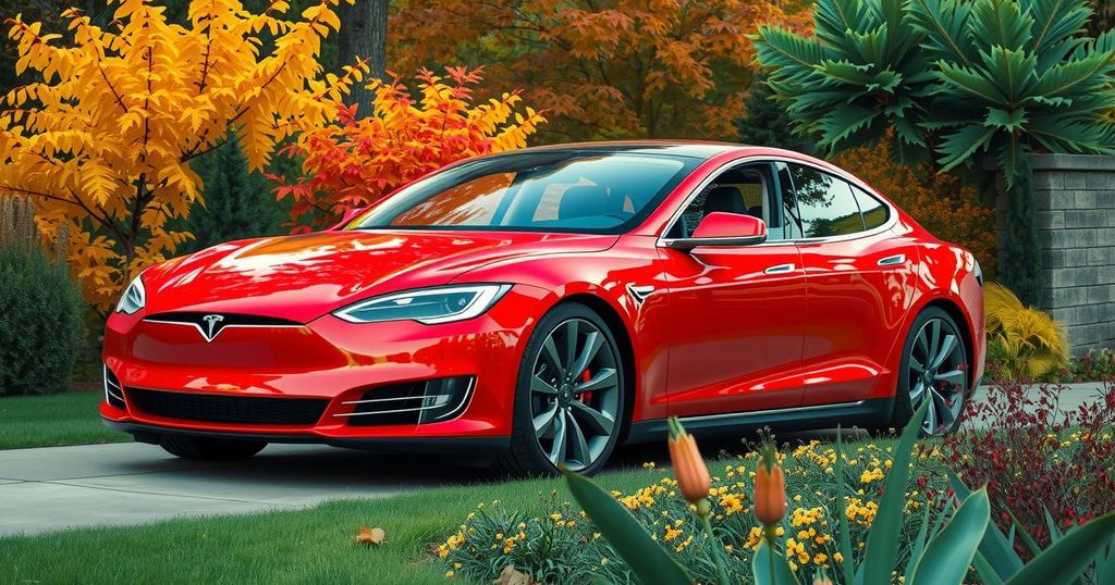 Tesla Model S rossa sotto il sole con radici di piante autunnali in un giardino fiorito.