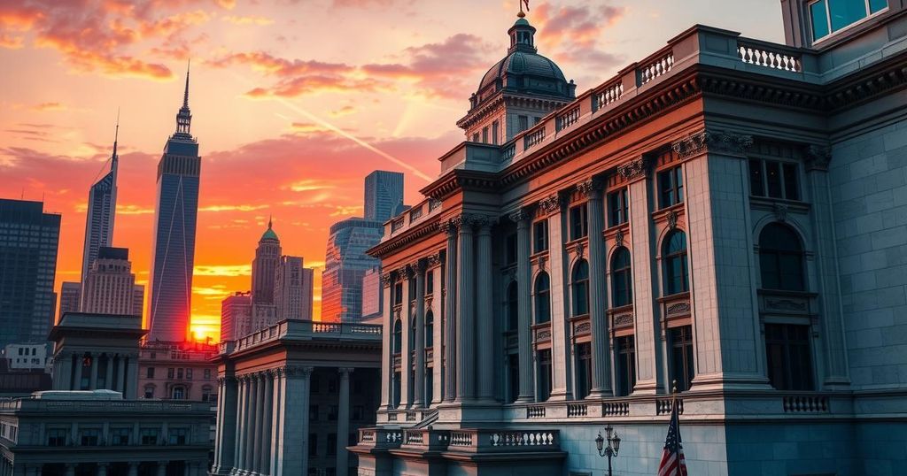 Vecchio palazzo di New York con bandiere e skyline, rappresentante la corsa elettorale e la speranza di cambiamento.