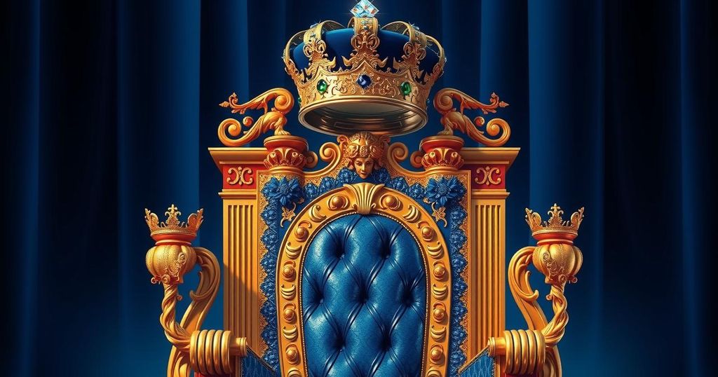 Rappresentazione artistica di un trono presidenziale dorato con una corona scintillante, simboleggiante il potere.