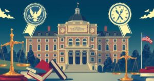 Un'illustrazione che rappresenta il conflitto legale su Harvard, simboleggiando l'educazione superiore e il dibattito politico.