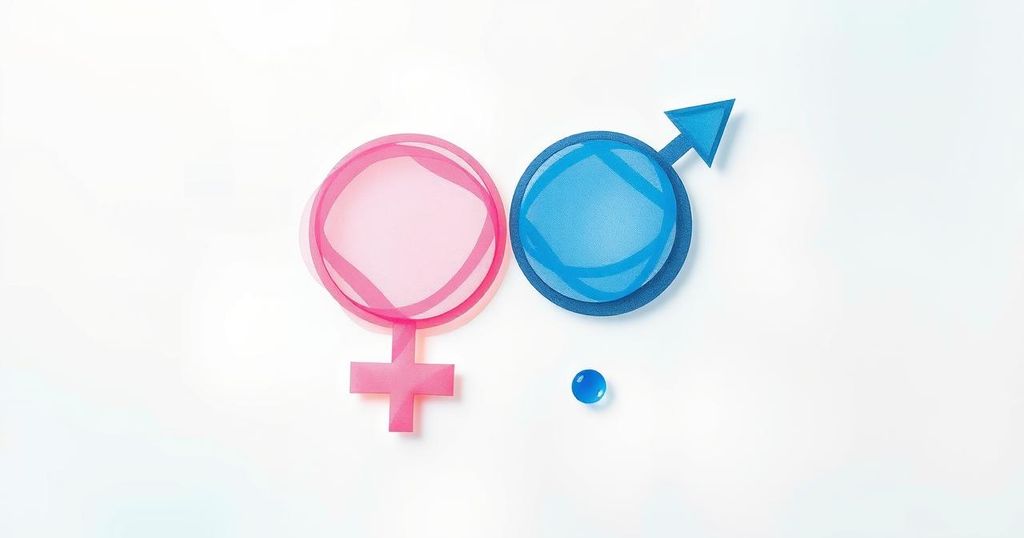 Abstract representation of gender identity issues with two distinct circles for male and female in soft hues.