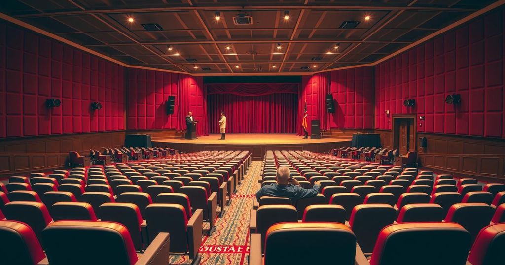Auditorium setup for a political event, featuring a large stage and empty seating, with subtle lighting and warm tones.
