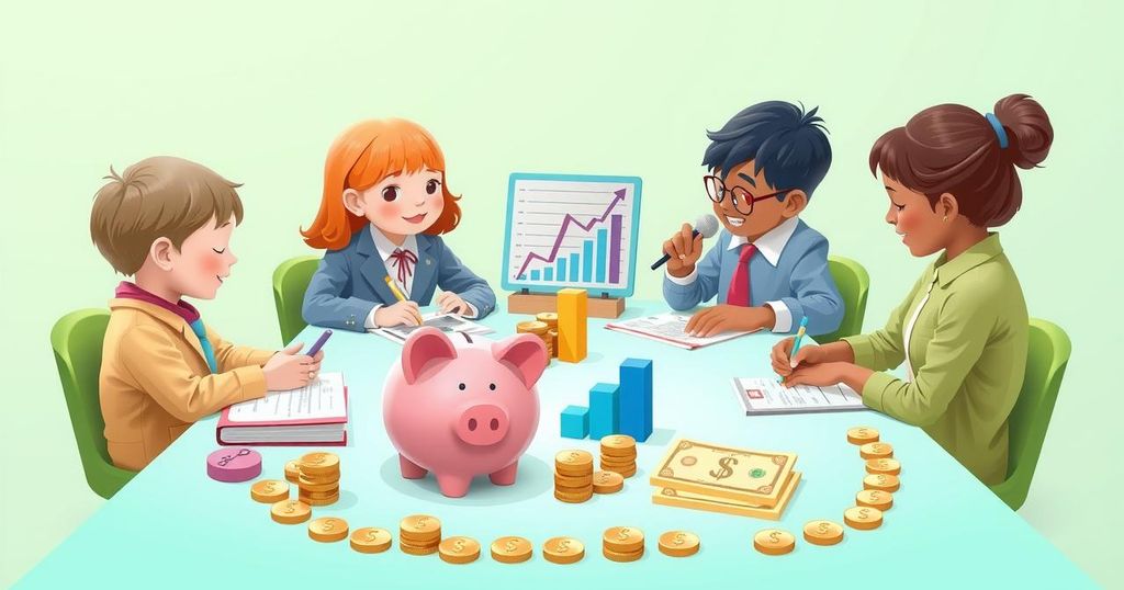 Rappresentazione di un incontro governativo con grafica colorata e simboli finanziari per il risparmio dei bambini.