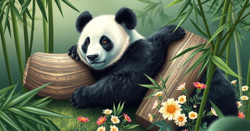 A panda resting peacefully in lush greenery, showcasing its serene expression amidst vibrant foliage.