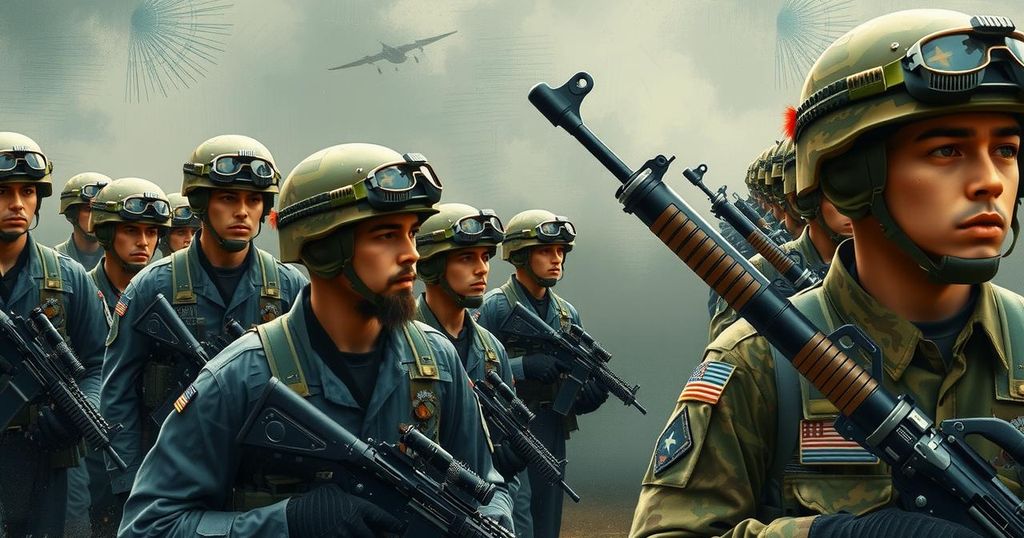 Soldiers in formation at a military event with a patriotic color scheme and organized presence.