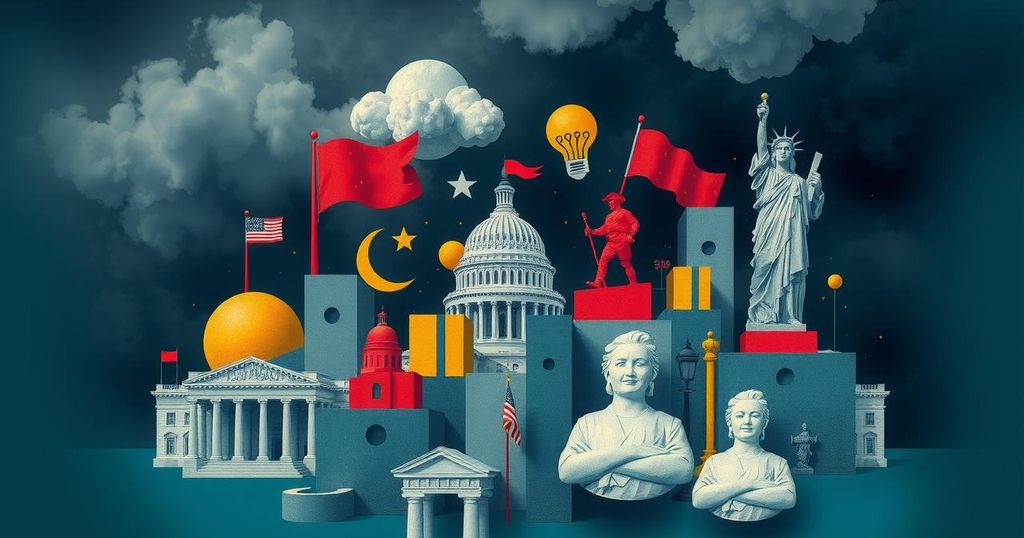 Rappresentazione astratta della politica con simboli governativi e una nuvola tempestosa.