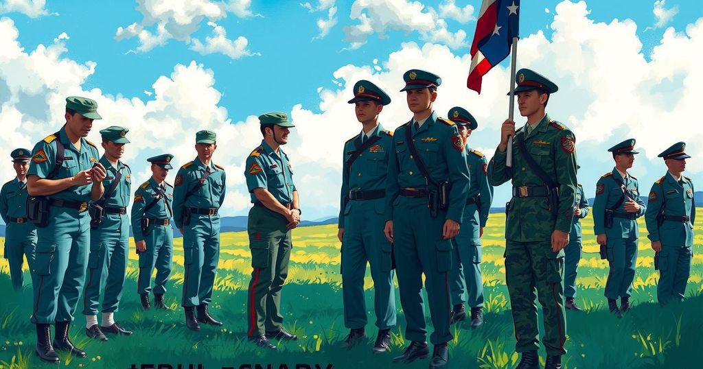 Un panorama militare con soldati in uniforme, sotto un cielo blu, in un contesto di celebrazioni strategiche.