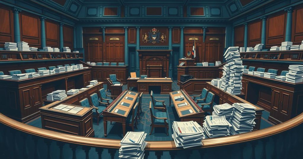 A dramatic Senate chamber with empty seats and large piles of paperwork, reflecting intense political debate.