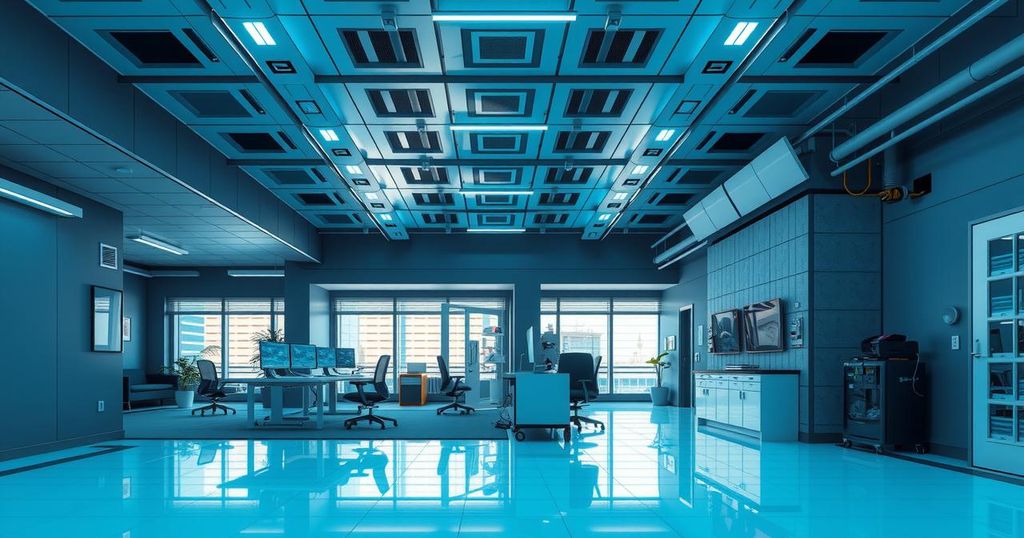 Uffici governativi con accessori tecnologici moderni, colori blu e grigi, stile minimalista.