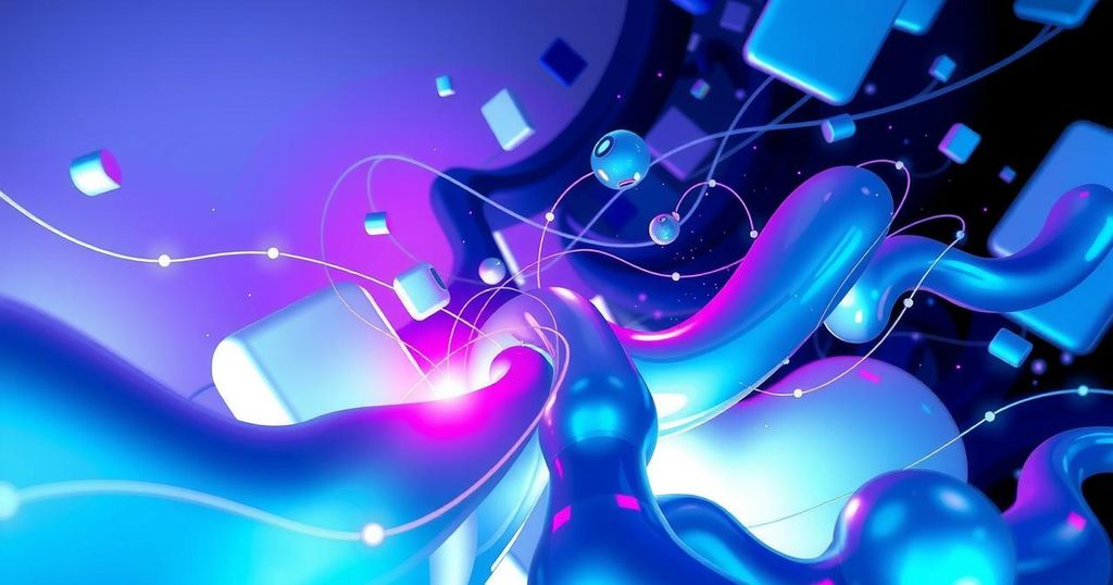 Abstract representation of media evolution with dynamic shapes and a digital colour palette.