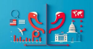 Analisi visiva dell'approvazione di Trump con grafico e simboli politici in uno schema di colori blu e rosso.