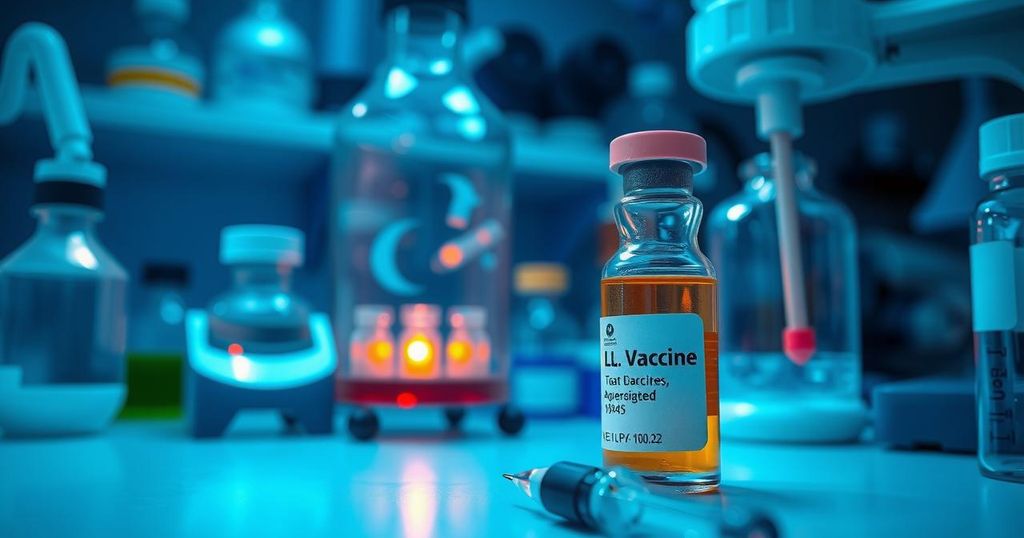 A conceptual image of a vaccine in a lab, symbolising scientific investigation and inquiry, featuring blue and green hues.
