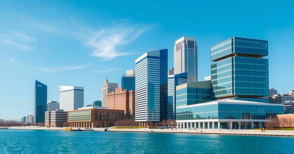 Un paesaggio urbano con palazzi moderni e un cielo blu, simbolo di cambiamenti politici e legislativi.
