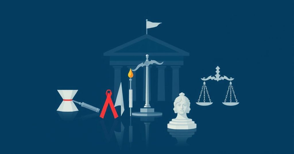 Illustrazione che rappresenta un'agenzia governativa con simboli di autorità e giustizia in stile minimalista.