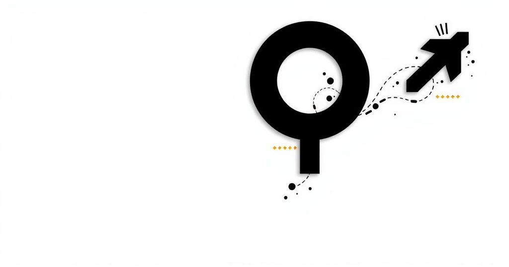 A symbolic representation of governmental gender policy changes with abstract lines and contrasting colours.
