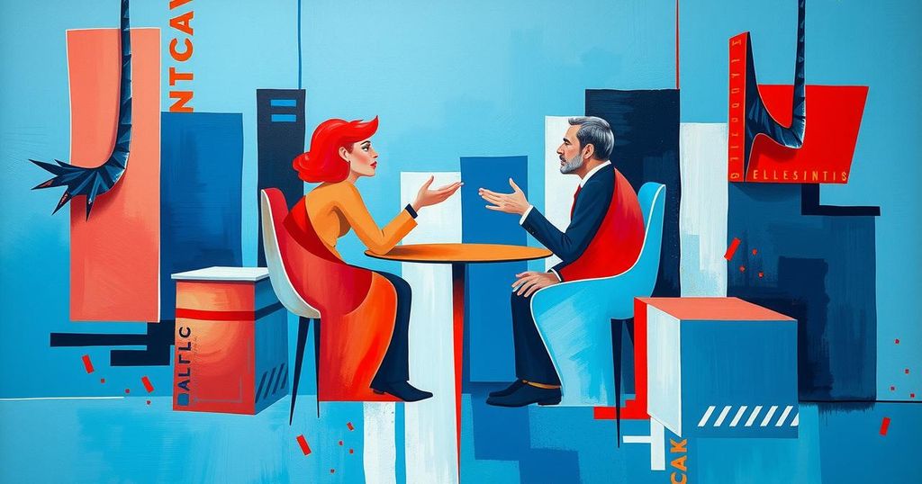 Illustration of a political debate scene with abstract shapes, vibrant blue and red schemes, in a modern art style.