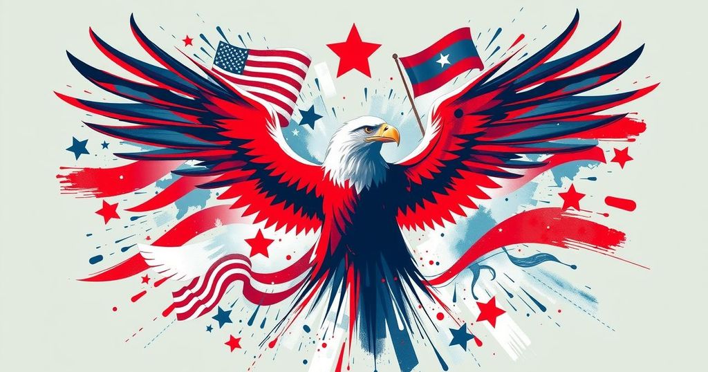 A symbolic representation of political change featuring a stylised eagle and American symbols, in vibrant colours.